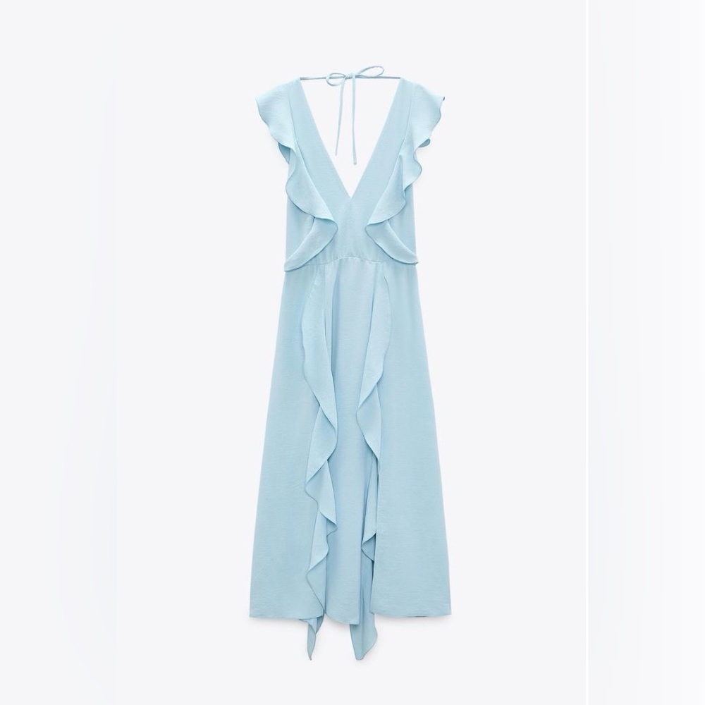 Zara Slit Ruffled Pastel Blue Midi Dress - size large